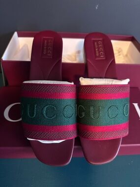 Gucci Burgundy Slides with Red and Green Web Stripe
